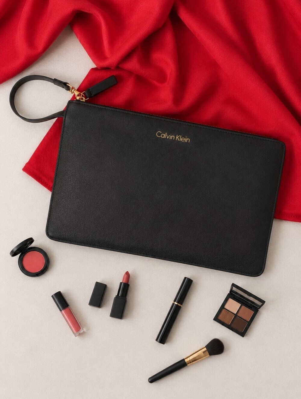 Calvin Klein Large Black Pebbled Leather Detachable Cosmetic Pouch Bag